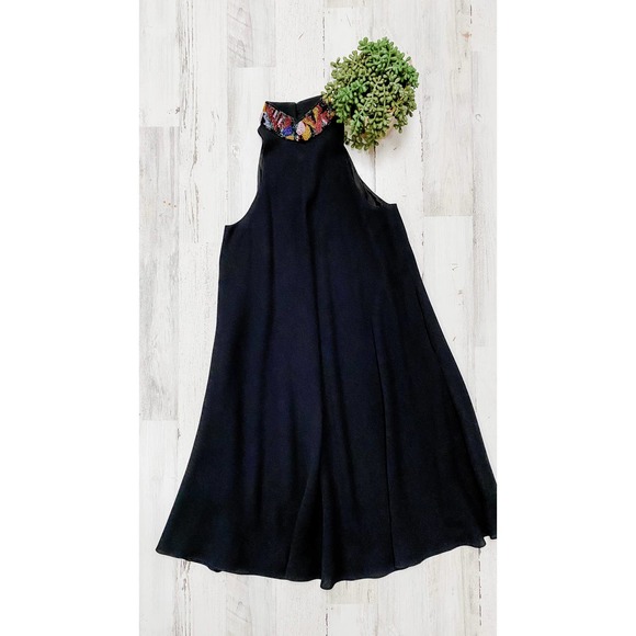 Vintage Dresses & Skirts - Vintage Black & Embellished Beaded Mock Neck Cocktail Dress